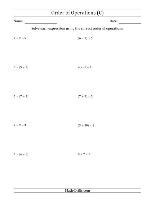 The Order of Operations with Whole Numbers Multiplication, Addition and Subtraction Only (Two Steps) (C) Math Worksheet