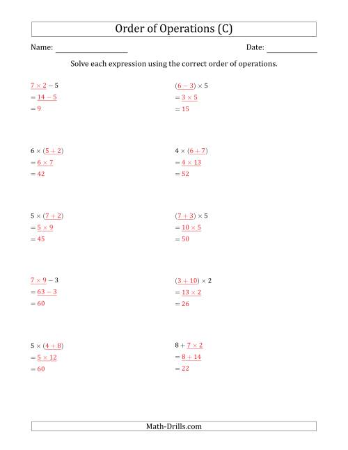 The Order of Operations with Whole Numbers Multiplication, Addition and Subtraction Only (Two Steps) (C) Math Worksheet Page 2