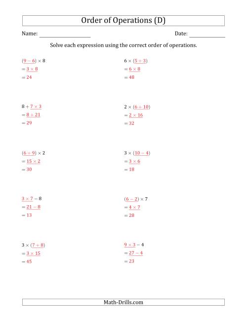The Order of Operations with Whole Numbers Multiplication, Addition and Subtraction Only (Two Steps) (D) Math Worksheet Page 2