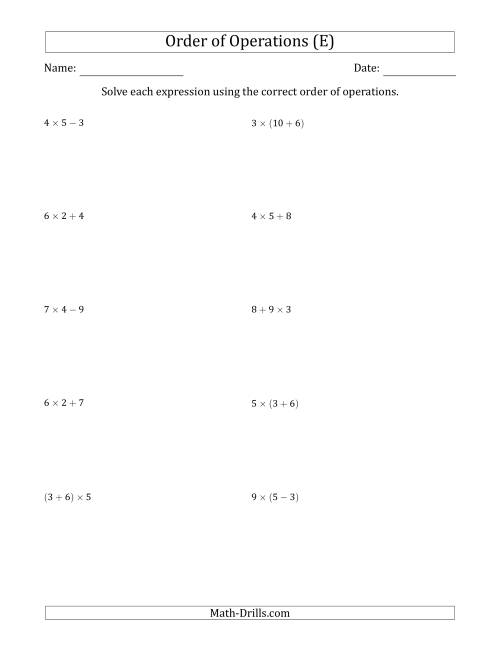 The Order of Operations with Whole Numbers Multiplication, Addition and Subtraction Only (Two Steps) (E) Math Worksheet