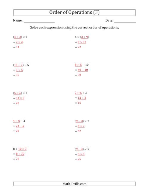 The Order of Operations with Whole Numbers Multiplication, Addition and Subtraction Only (Two Steps) (F) Math Worksheet Page 2