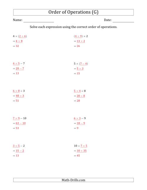 The Order of Operations with Whole Numbers Multiplication, Addition and Subtraction Only (Two Steps) (G) Math Worksheet Page 2