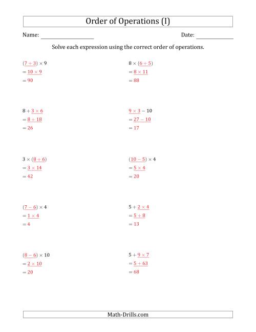 The Order of Operations with Whole Numbers Multiplication, Addition and Subtraction Only (Two Steps) (I) Math Worksheet Page 2