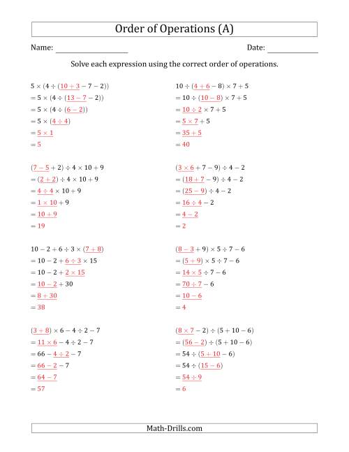 my homework lesson 2 order of operations answer key