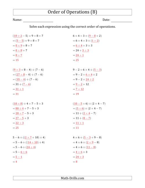 The Order of Operations with Whole Numbers and No Exponents (Five Steps) (B) Math Worksheet Page 2