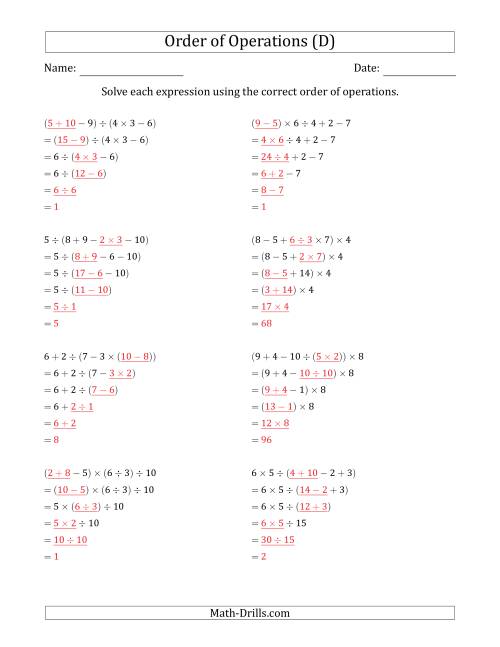 The Order of Operations with Whole Numbers and No Exponents (Five Steps) (D) Math Worksheet Page 2