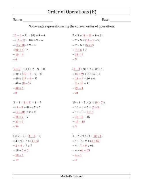 The Order of Operations with Whole Numbers and No Exponents (Five Steps) (E) Math Worksheet Page 2