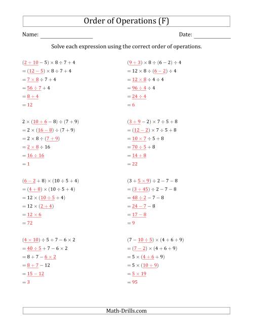 The Order of Operations with Whole Numbers and No Exponents (Five Steps) (F) Math Worksheet Page 2