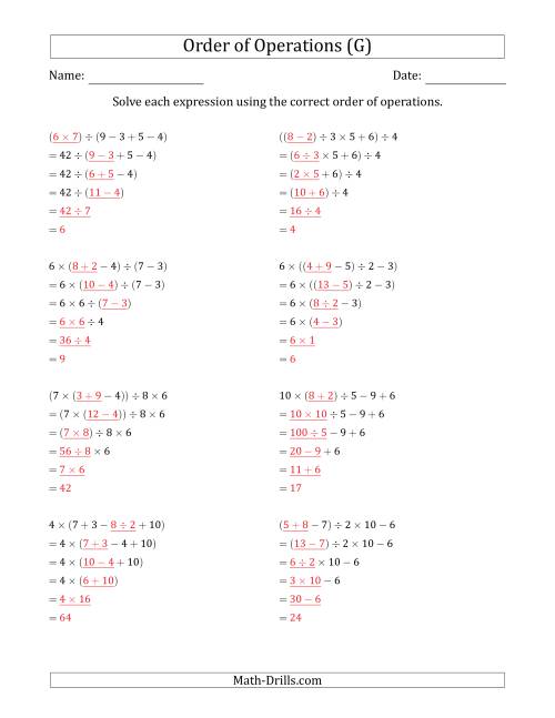 The Order of Operations with Whole Numbers and No Exponents (Five Steps) (G) Math Worksheet Page 2