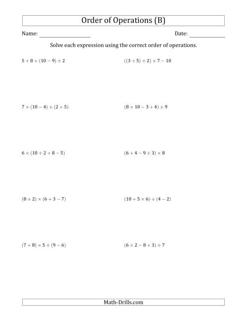 The Order of Operations with Whole Numbers and No Exponents (Four Steps) (B) Math Worksheet