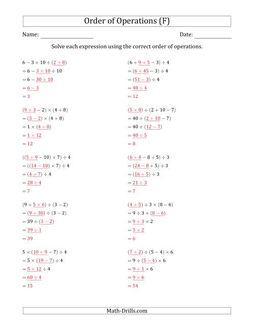The Order of Operations with Whole Numbers and No Exponents (Four Steps) (F) Math Worksheet Page 2