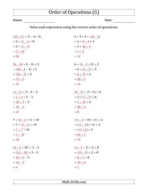 The Order of Operations with Whole Numbers and No Exponents (Four Steps) (G) Math Worksheet Page 2