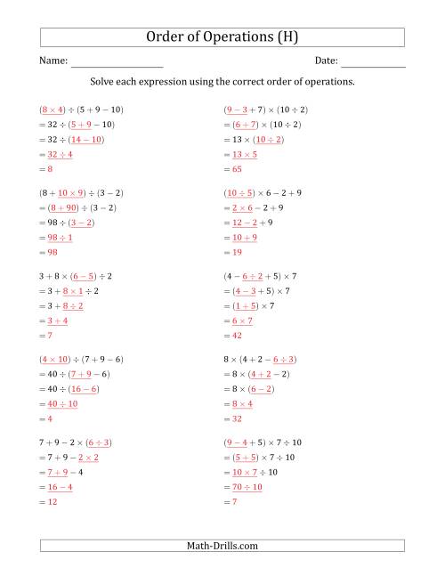 The Order of Operations with Whole Numbers and No Exponents (Four Steps) (H) Math Worksheet Page 2