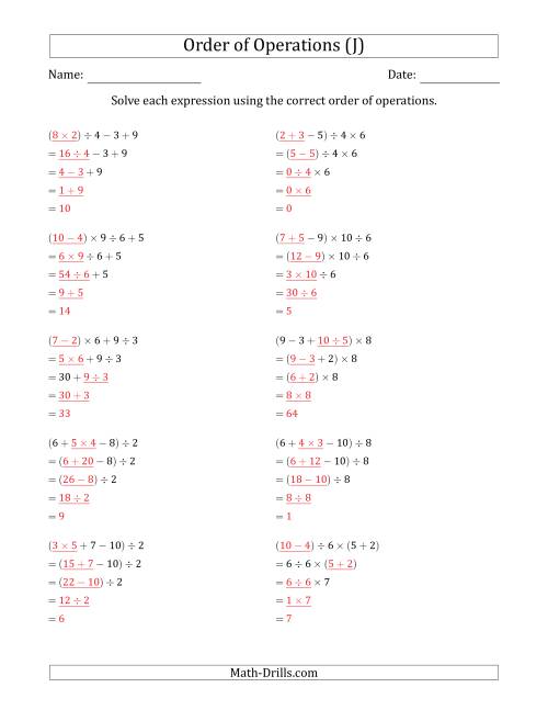 The Order of Operations with Whole Numbers and No Exponents (Four Steps) (J) Math Worksheet Page 2