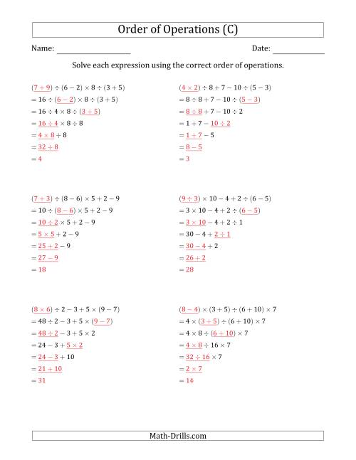 The Order of Operations with Whole Numbers and No Exponents (Six Steps) (C) Math Worksheet Page 2