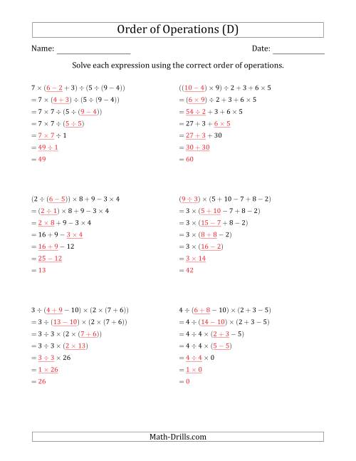 The Order of Operations with Whole Numbers and No Exponents (Six Steps) (D) Math Worksheet Page 2