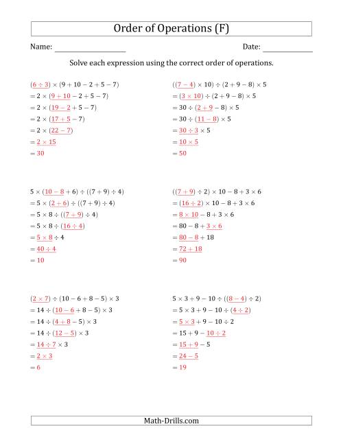 The Order of Operations with Whole Numbers and No Exponents (Six Steps) (F) Math Worksheet Page 2
