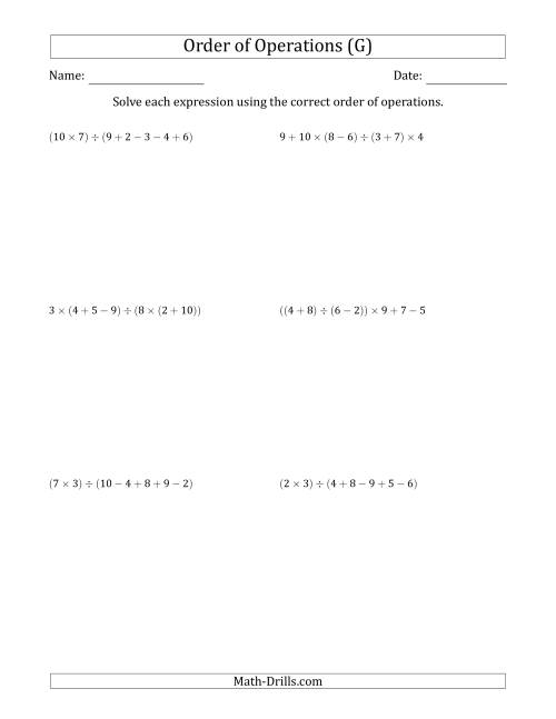 The Order of Operations with Whole Numbers and No Exponents (Six Steps) (G) Math Worksheet