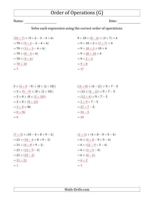 The Order of Operations with Whole Numbers and No Exponents (Six Steps) (G) Math Worksheet Page 2