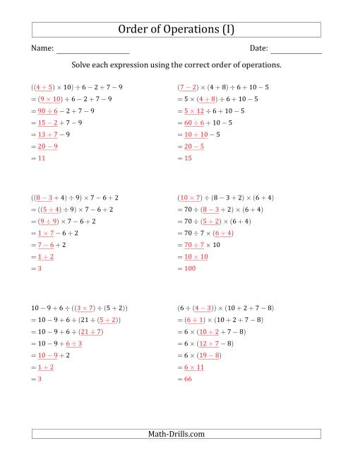 The Order of Operations with Whole Numbers and No Exponents (Six Steps) (I) Math Worksheet Page 2