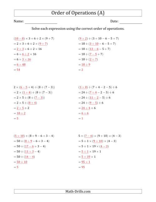 The Order of Operations with Whole Numbers and No Exponents (Six Steps) (All) Math Worksheet Page 2