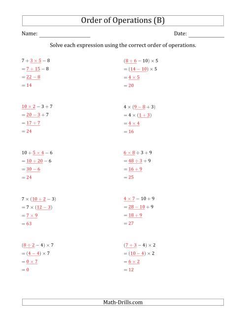 The Order of Operations with Whole Numbers and No Exponents (Three Steps) (B) Math Worksheet Page 2