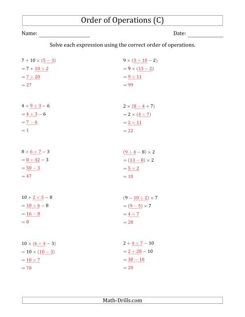 The Order of Operations with Whole Numbers and No Exponents (Three Steps) (C) Math Worksheet Page 2