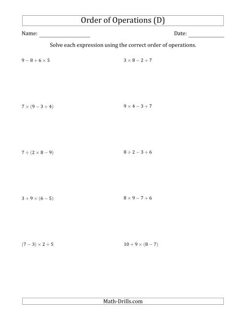 The Order of Operations with Whole Numbers and No Exponents (Three Steps) (D) Math Worksheet