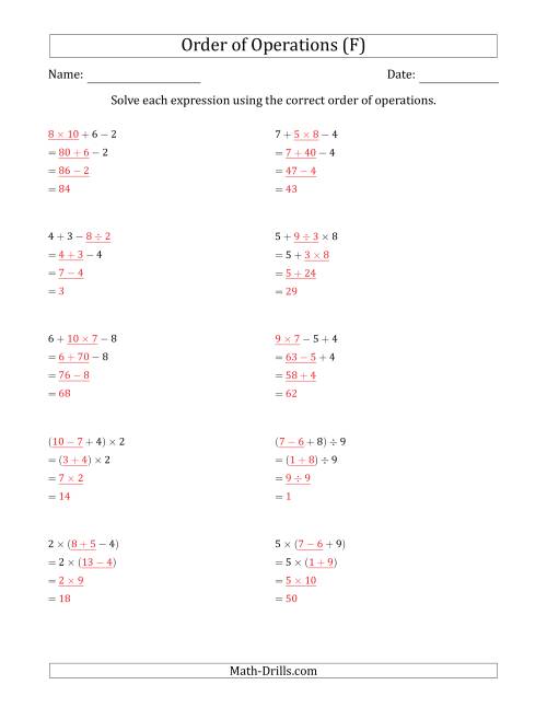 The Order of Operations with Whole Numbers and No Exponents (Three Steps) (F) Math Worksheet Page 2