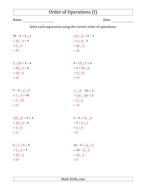 The Order of Operations with Whole Numbers and No Exponents (Three Steps) (I) Math Worksheet Page 2