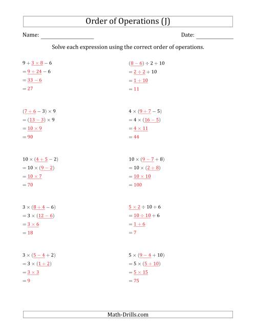 The Order of Operations with Whole Numbers and No Exponents (Three Steps) (J) Math Worksheet Page 2