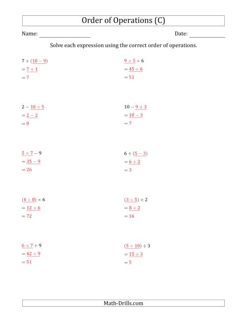 The Order of Operations with Whole Numbers and No Exponents (Two Steps) (C) Math Worksheet Page 2