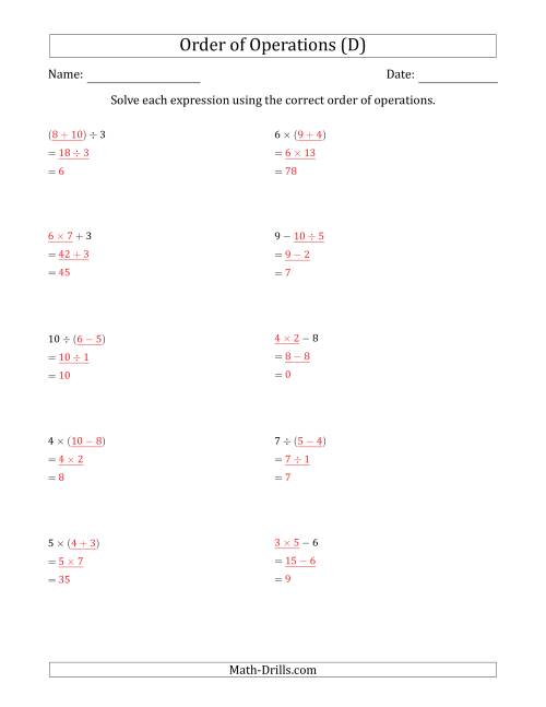The Order of Operations with Whole Numbers and No Exponents (Two Steps) (D) Math Worksheet Page 2