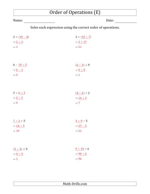 The Order of Operations with Whole Numbers and No Exponents (Two Steps) (E) Math Worksheet Page 2
