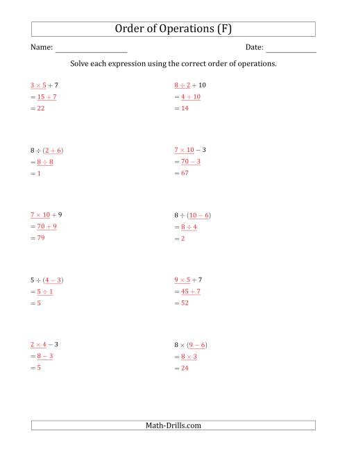 The Order of Operations with Whole Numbers and No Exponents (Two Steps) (F) Math Worksheet Page 2