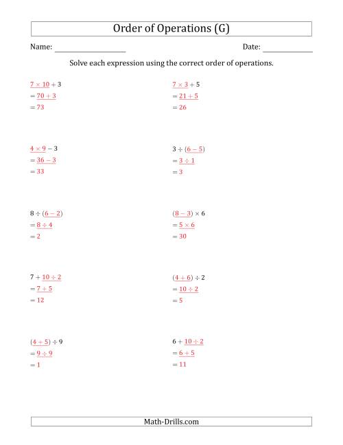 The Order of Operations with Whole Numbers and No Exponents (Two Steps) (G) Math Worksheet Page 2