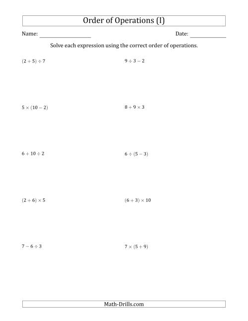 The Order of Operations with Whole Numbers and No Exponents (Two Steps) (I) Math Worksheet