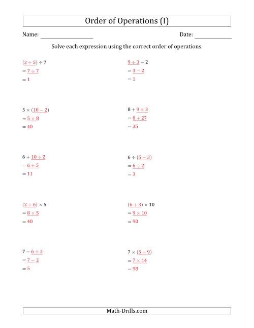 The Order of Operations with Whole Numbers and No Exponents (Two Steps) (I) Math Worksheet Page 2