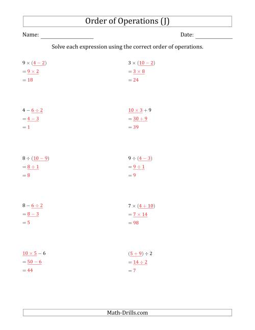 The Order of Operations with Whole Numbers and No Exponents (Two Steps) (J) Math Worksheet Page 2