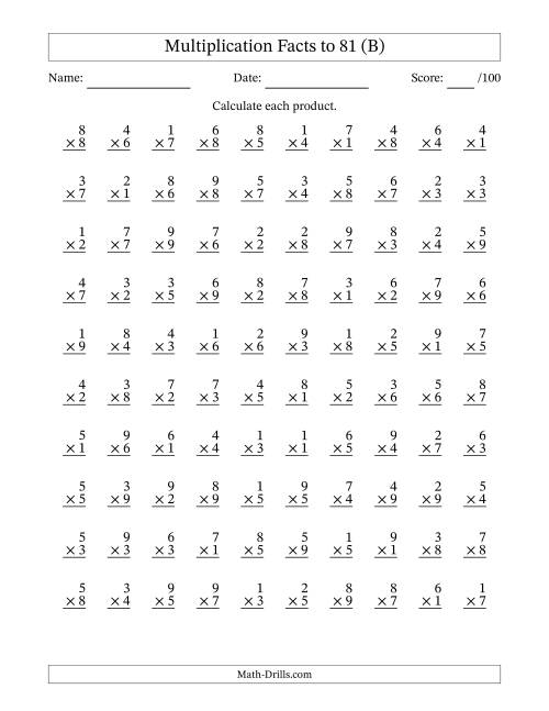 The Multiplication Facts to 81 (100 Questions) (No Zeros) (B) Math Worksheet