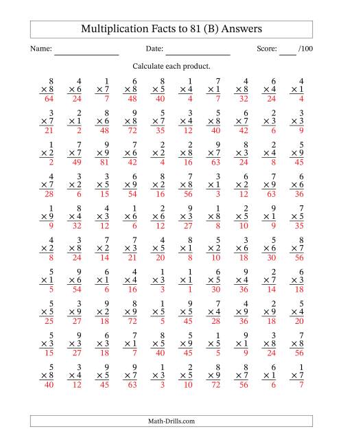 The Multiplication Facts to 81 (100 Questions) (No Zeros) (B) Math Worksheet Page 2