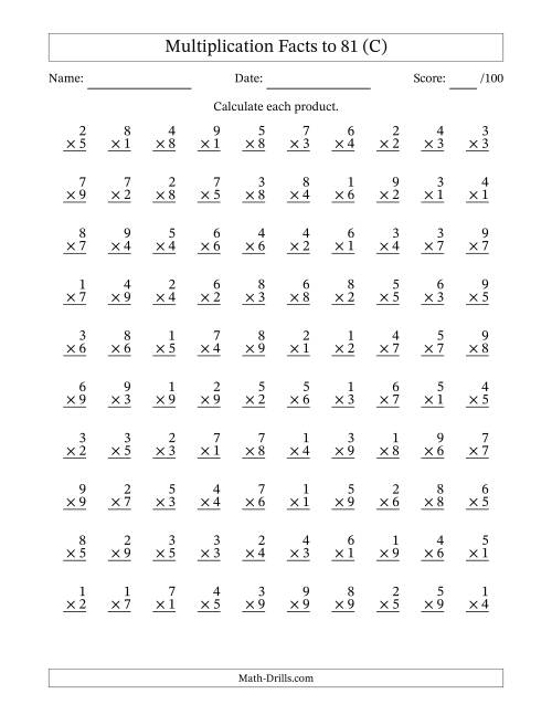 The Multiplication Facts to 81 (100 Questions) (No Zeros) (C) Math Worksheet