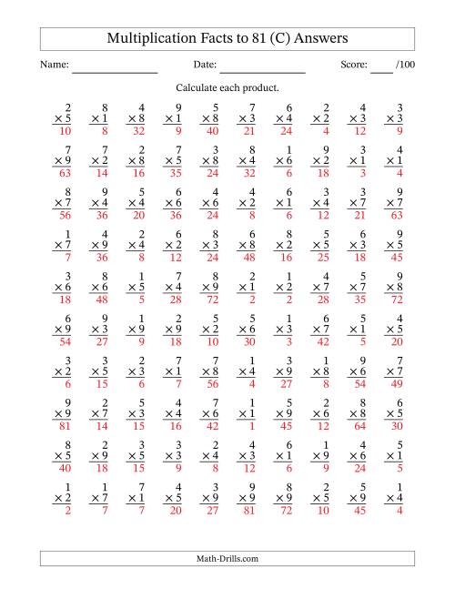 The Multiplication Facts to 81 (100 Questions) (No Zeros) (C) Math Worksheet Page 2