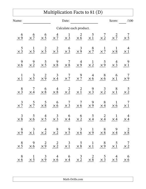 The Multiplication Facts to 81 (100 Questions) (No Zeros) (D) Math Worksheet
