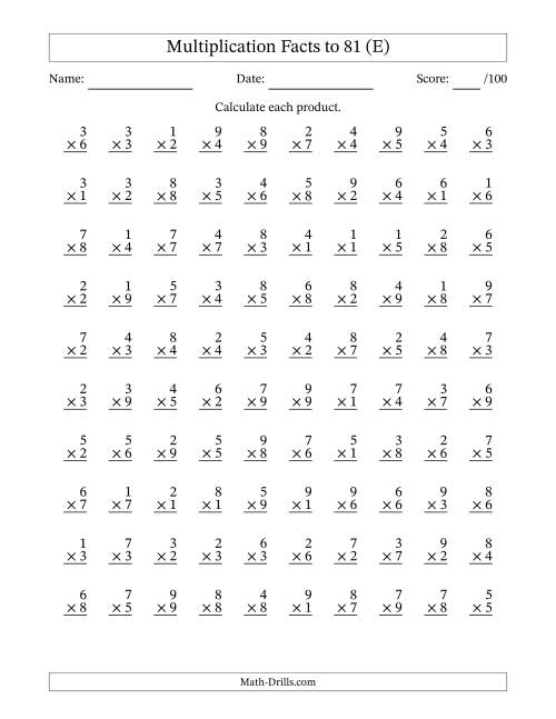 The Multiplication Facts to 81 (100 Questions) (No Zeros) (E) Math Worksheet