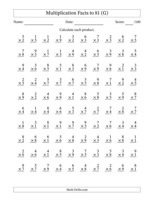 The Multiplication Facts to 81 (100 Questions) (No Zeros) (G) Math Worksheet