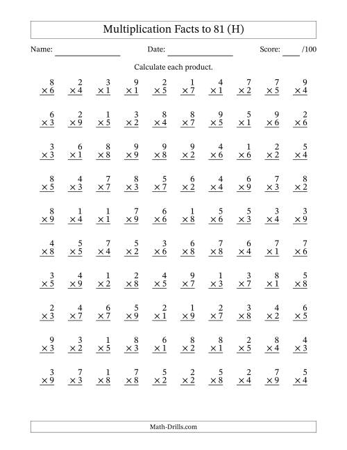 The Multiplication Facts to 81 (100 Questions) (No Zeros) (H) Math Worksheet