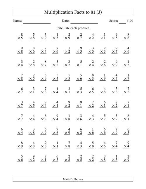 The Multiplication Facts to 81 (100 Questions) (No Zeros) (J) Math Worksheet
