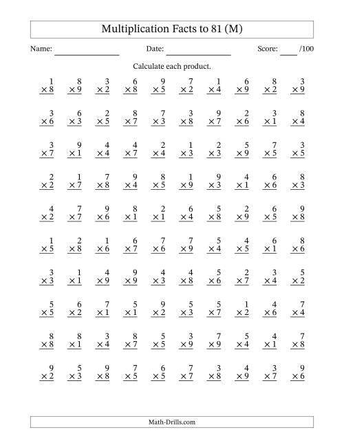 The Multiplication Facts to 81 (100 Questions) (No Zeros) (M) Math Worksheet