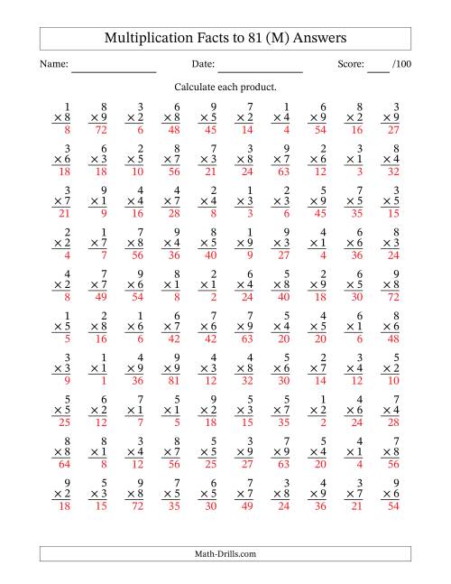 The Multiplication Facts to 81 (100 Questions) (No Zeros) (M) Math Worksheet Page 2
